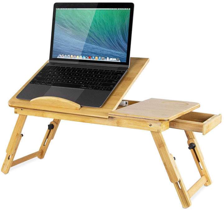 Laptop Bed Tray with Tilting Top and Pullout Storage Drawer | Adjustable Breakfast Table with Foldable Design | Eco-Friendly, Natural Bamboo Laptop Tray (MI-7212)