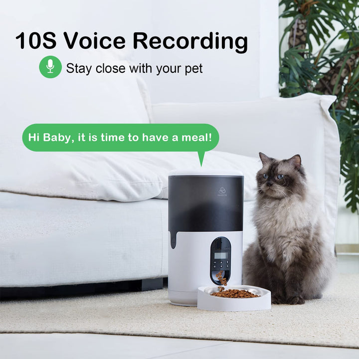 Automatic Dog Feeder, Cat Food Dispenser with Stainless Steel Bowl, 10s Voice Recorder Up to 20 Portions 4 Meals Per day, Pet feeder for Small/Medium Pets (6L)