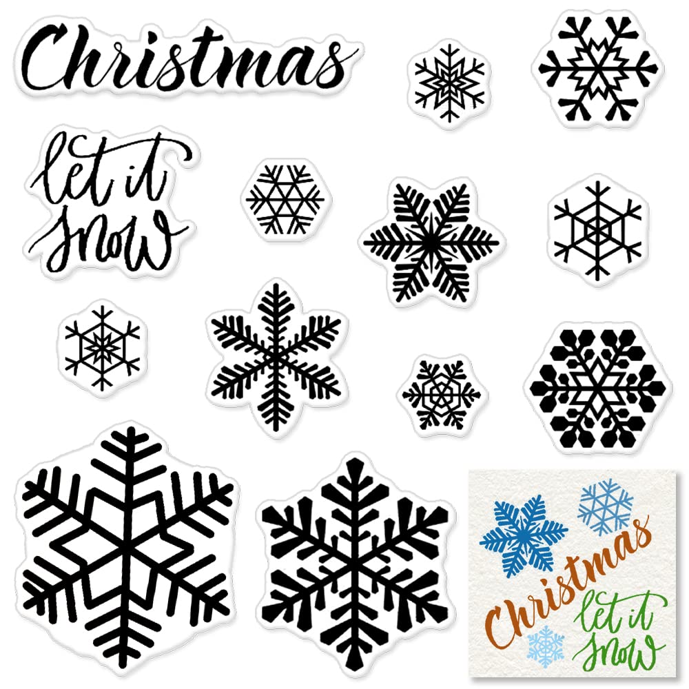 Christmas Clear Stamps Decorative Xmas Theme Winter Blessing Sentiment Words, Snowflake Clear Rubber Scrapbooking Stamps with Sentiment for Card Making DIY Photo Album