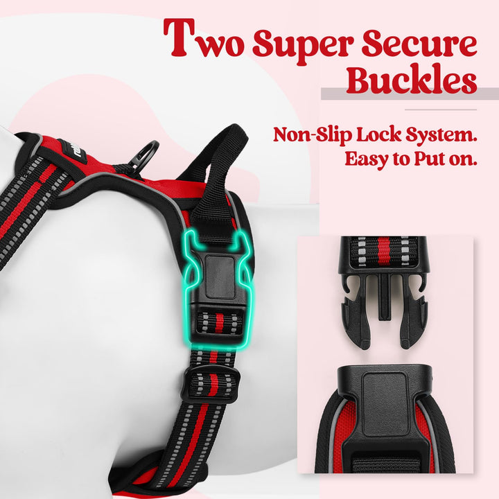 Dog Harness No Pull with 2 Leash Clips, Adjustable Soft Padded, Reflective Oxford No Choke Pet Vest with Easy Control Handle for Large Dogs, Red, L