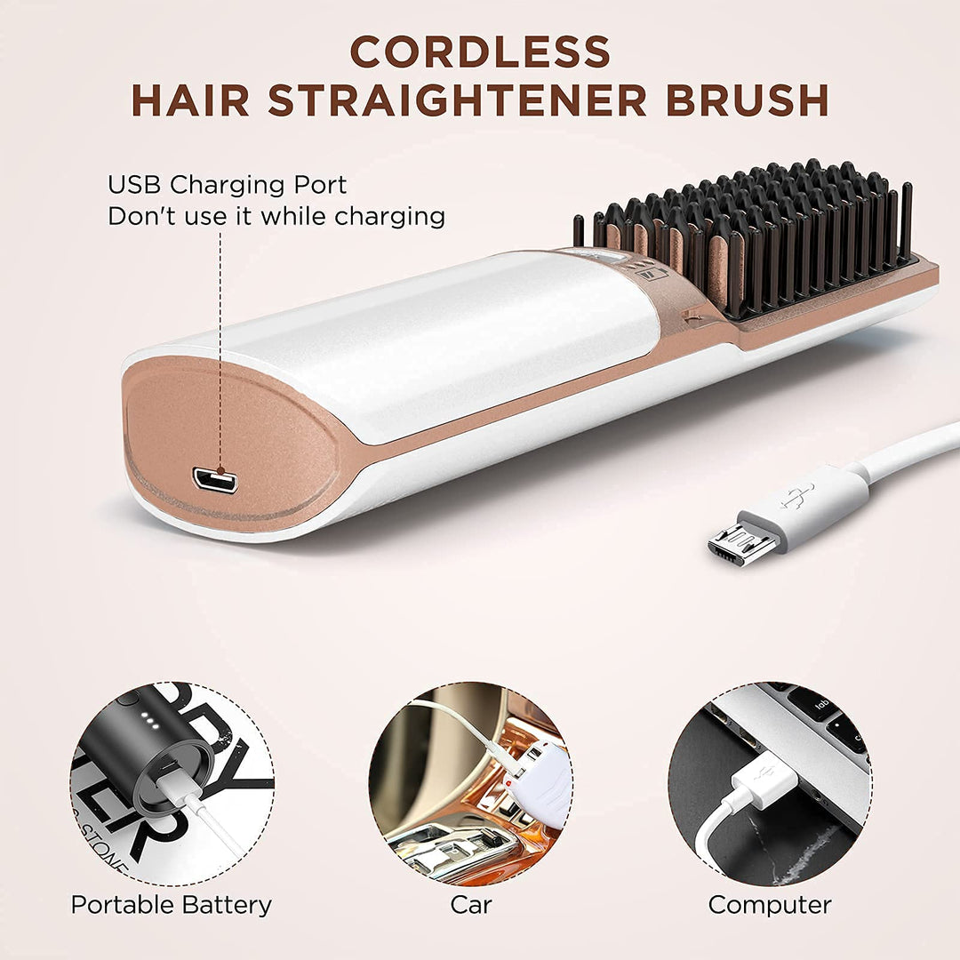 IHHAIR Hot Hair Straightener Brush,Portable Mini Cordless Hair Straightener with Travel Size USB Rechargeable 6400MAH,2 in 1 Hot Comb Hair Straightener for Women & Men with Short Hair(White)