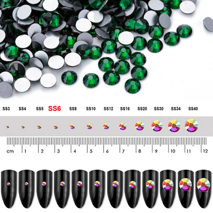 1440 Pieces SS6 Flatback Rhinestones, 2MM Flatback Nail Crystals, Glass Crystal Rhinestones for Craft Nails Dance Costumes, Non Hotfix Rhinestones (SS6 / 2MM, Green/Emerald)