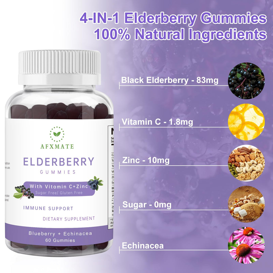 Sambucus Elderberry Gummies, Black Elderberry Gummy with Zinc and Vitamin C for Adults, Sugar Free Kids Multivitamin Gummies Immune Support* Supplement (2 Pack)