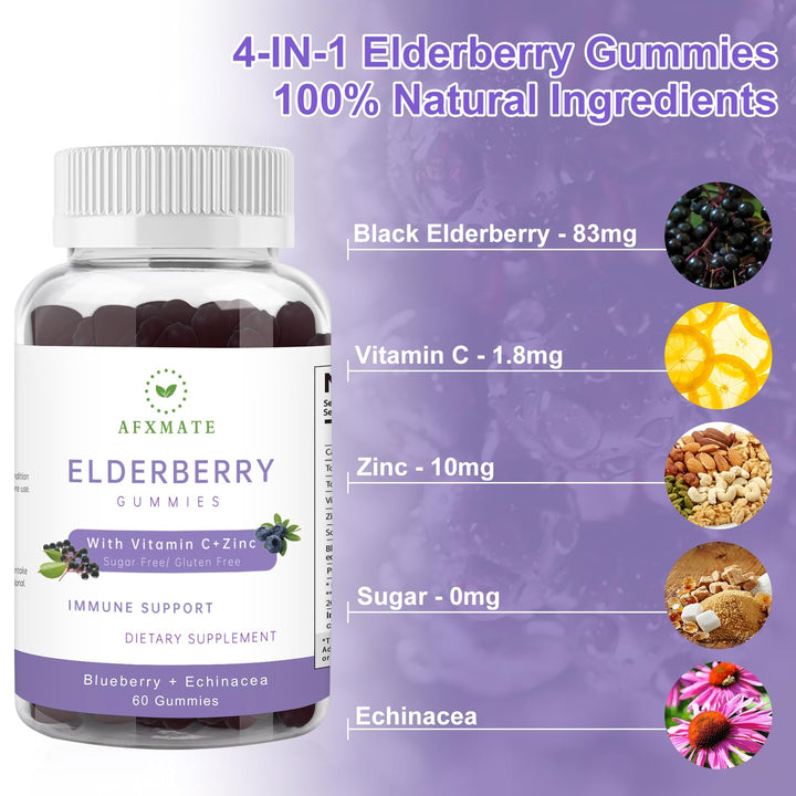 Sambucus Elderberry Gummies, Black Elderberry Gummy with Zinc and Vitamin C for Adults, Sugar Free Kids Multivitamin Gummies Immune Support* Supplement (2 Pack)