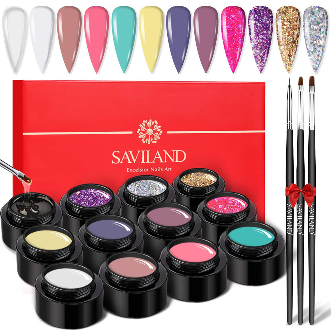 Saviland Builder Nail Gel Kit - 12 Colors Nail Extension Gel Kit Nail Strengthen Manicure Set with Nail Forms 3Pcs Nail Brush for Nails DIY Nail Art Supplies