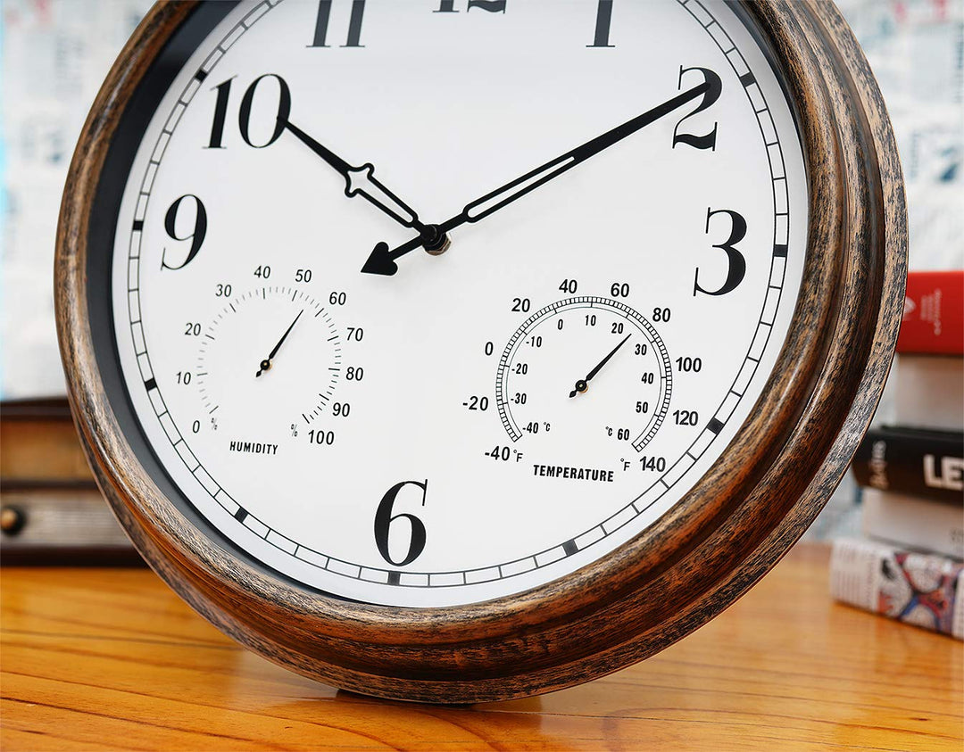 16 Inch Large Indoor Outdoor Wall Clock,Waterproof Non-Ticking Clock with Thermometer and Hygrometer Combo,Battery Operated Clock Wall Decorative-Bronze