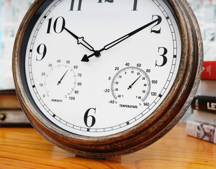 16 Inch Large Indoor Outdoor Wall Clock,Waterproof Non-Ticking Clock with Thermometer and Hygrometer Combo,Battery Operated Clock Wall Decorative-Bronze