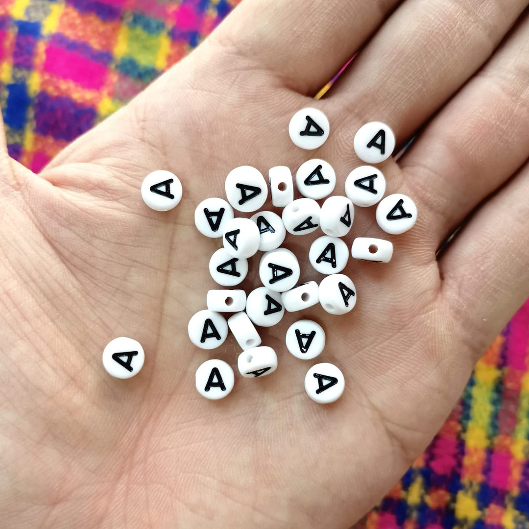 Amaney Vowel Letter Beads A 100pcs 7×4mm White Round Acrylic Black Alphabet for Jewelry Making