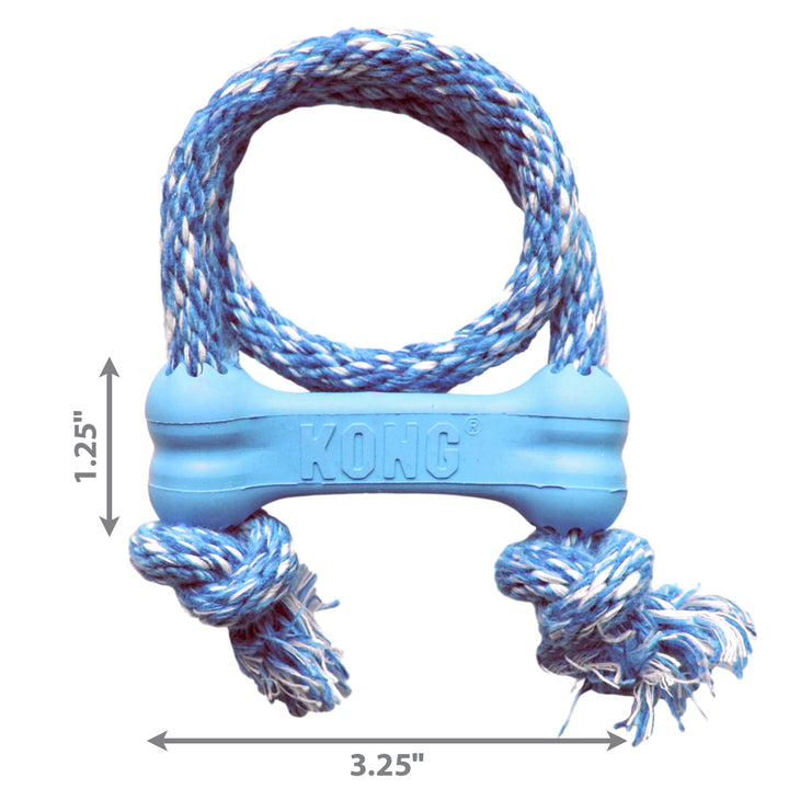 Puppy Goodie Bone with Rope - Natural Rubber Bone with Cotton Rope - Teeth Cleaning Chew Toy for Growing Puppies - for XS Puppies - Blue