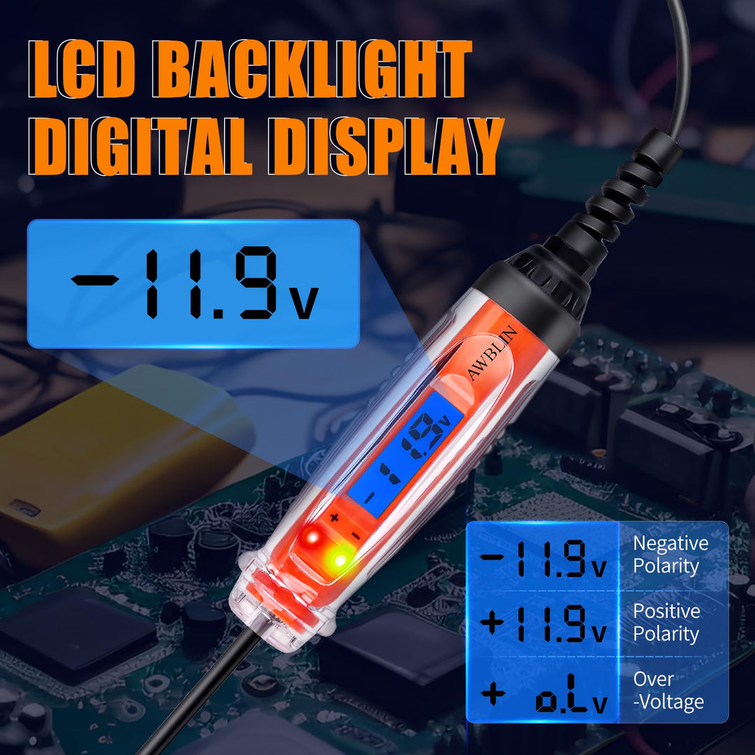 Automotive Test Light 3-72V DC Digital Light Tester with Voltmeter, Heavy Duty Auto Circuit Tester with LCD Backlight Display and LED Indication, Electric Test Pen with Illumination