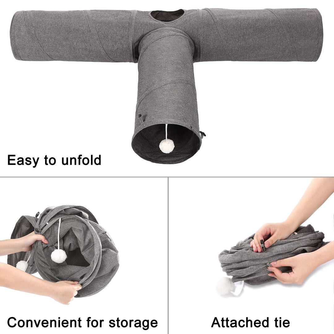 Cat Tunnel, 3 Way Collapsible Kitty Tunnel 47 inch Long Cat Tube with Plush Ball & Feather Toy, Cat Play Tunnel for Indoor Cat, Kitten, Rabbit