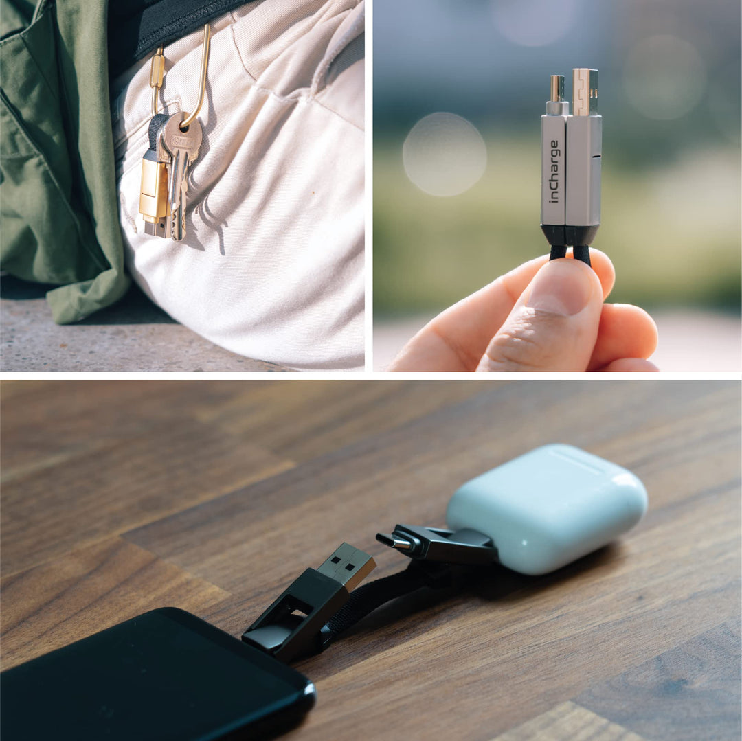 inCharge 6 - Keychain USB C Charger Cable, Lightning Cable and Micro-USB for Smartphone, Universal Cable Charger 6 in 1, USB Plug, 15W, Gray