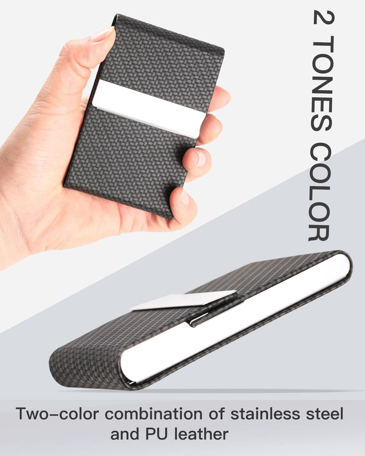 Business Card Holder, Metal Case Pocket, Holder for Women & Men, Professional PU Leather Holders RFID Blocking Name with Magnetic Clasp, Black Carbon