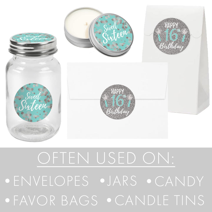 Sweet Sixteen 16th Birthday Favor Stickers, 1.75 in, 40 Labels (Blue and Silver)