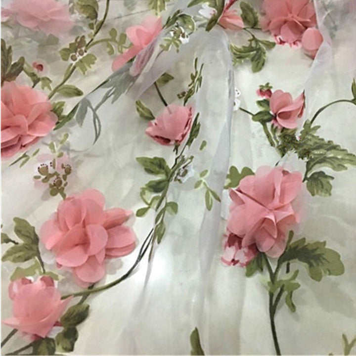 Lace Fabric Organza 3D Pink Chiffon Rose Floral Embroidery Wide 55 in (Length 1 m/39 in)