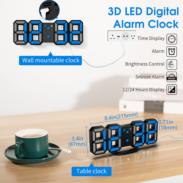 3D LED Wall Clock, 8.4 Digital Wall Clock, LED Clock with 3 Adjustable Brightness Levels for Home Kitchen Office(with Cable but NOT Battery Operated)
