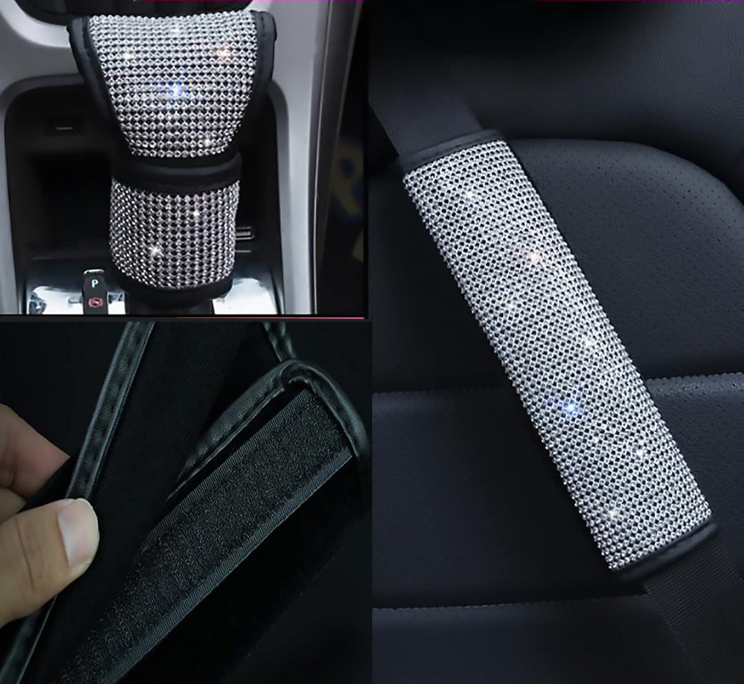 Rhinestone Car Seat Belt Pads Bling Seatbelt Shoulder Pads Cushion Auto Seatbelt Cover PU Leather Shoulder Strap Covers Bling and Shift Cover