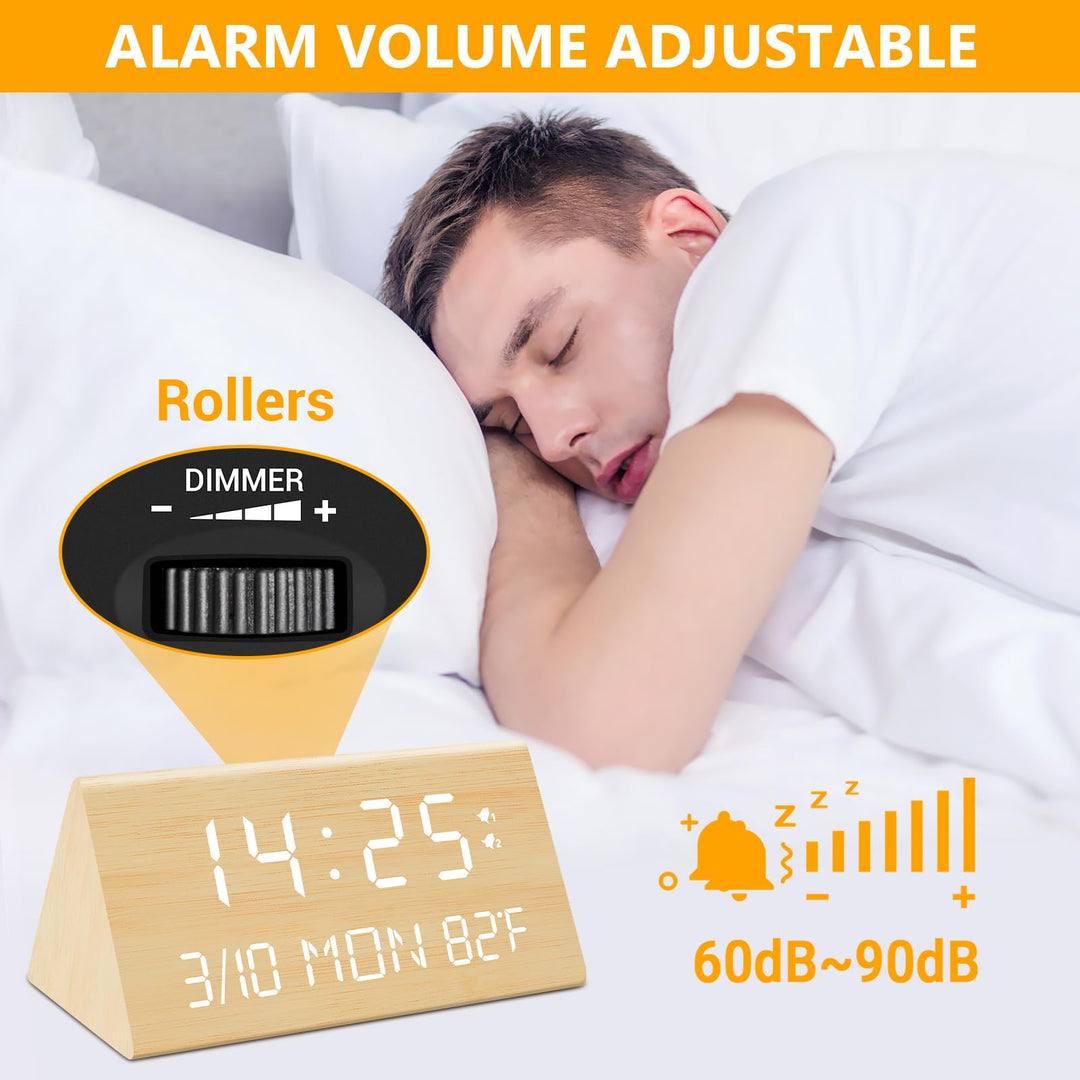 Wooden Digital Alarm Clock, 0-100% Dimmer, 2 Alarm Settings, Weekday/Everyday Mode, 9 Mins Snooze, 12/24H, Temperature and Date Display for Office, Travel, Bedroom Alarm Clock (Bamboo)