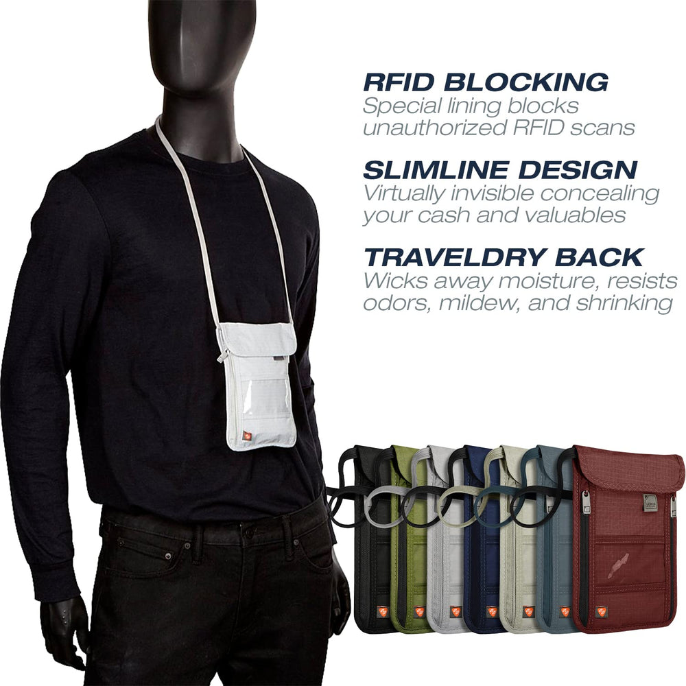 RFID Blocking Stash Neck Wallet, Travel Pouch + Passport Holder for Women & Men, Taupe, One Size