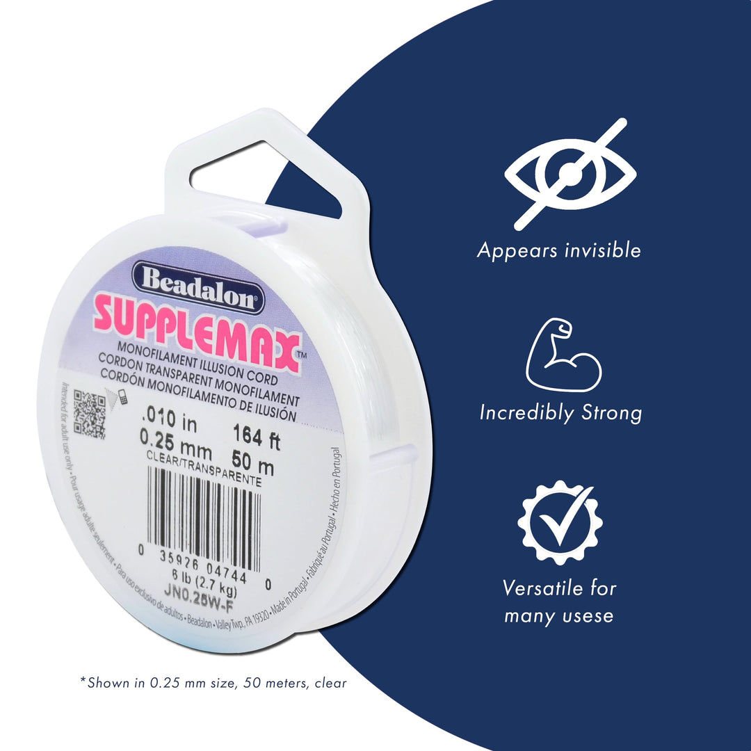 SuppleMax Illusion Beading Cord, 0.30 mm / 0.012 in, Clear Monofilament, 50 m / 164 ft