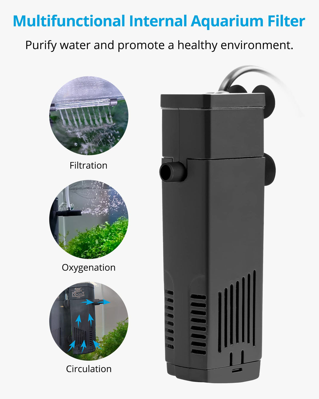 Aquarium Internal Filter, Submersible Power Filter with Multiple Function for Fish Tanks 5-10 Gallon, 53 GPH, 5W