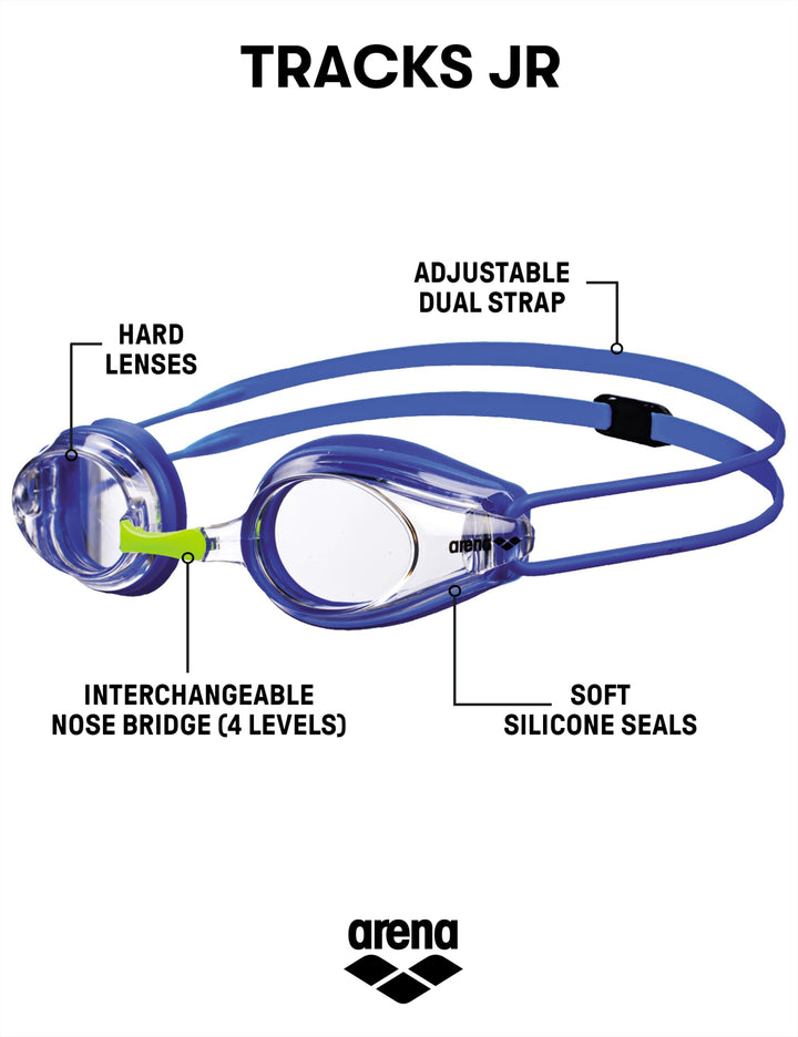 Arena Tracks Unisex Junior Youth Essential Racing Swim Goggles Kids Swimmers Young Racers 6-12 Anti-Fog Coated Non-Mirror Lens, Clear/Blue
