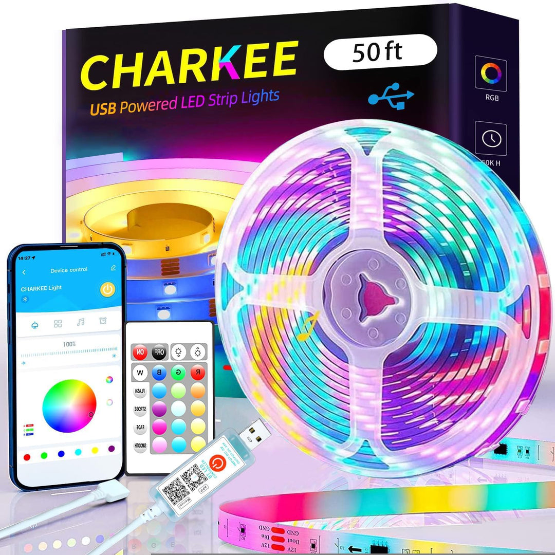 USB Powered Portable 50ft Bluetooth LED Strip Lights, Change Color (16 million) Dimmable, 22 Style with Speed up/down, Smart RGB Strip Lighting Sync Music, Indoor Tape Light APP Remote Control