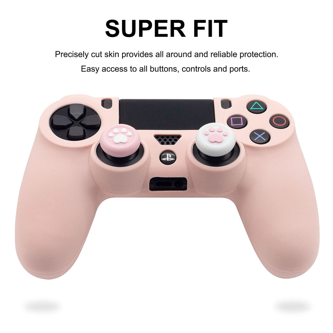 Controller Skin for PS4, Anti-Slip Grip Silicone Cover Protector Case Compatible with PlayStation 4 Slim/PS4 Pro Wireless/Wired Gamepad Controller with 2 Cat Paw Thumb Grip Caps (Sakura Pink)
