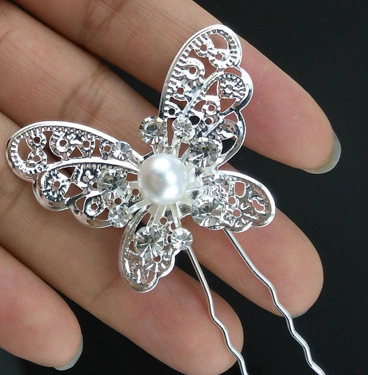 Pack of 20 Butterfly Pearl Crystal Hair Pin Bride Headwear Hair Accessories (Silver)