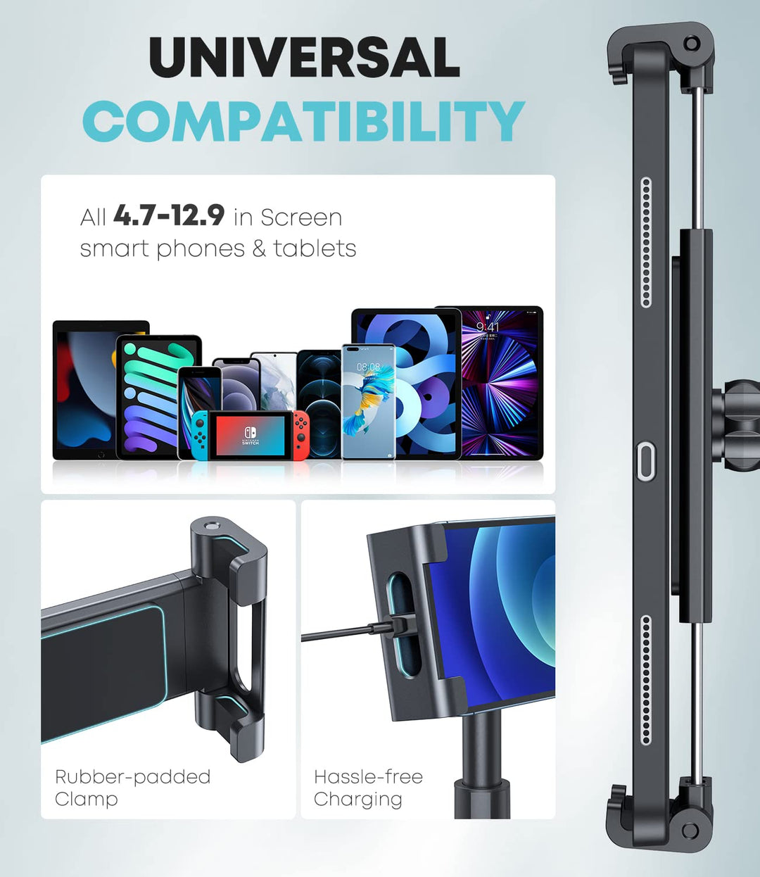 Car Cup Holder Tablet Mount, Universal Tablet & Smartphone Car Cradle Holder for iPad Pro/Air/Mini, Kindle,Tablets Nintendo Switch Smartphones, Compatible with 4.7 to 12.9 Devices