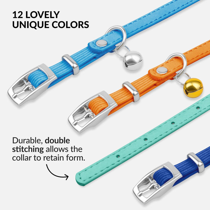 Leather Cat Collar with Bell - Kitten Collar, Small and Big Cat Collar for Boy Cats, Girl Cats with Safety Elastic Strap (Neck Fit 8-11, Mint Green)