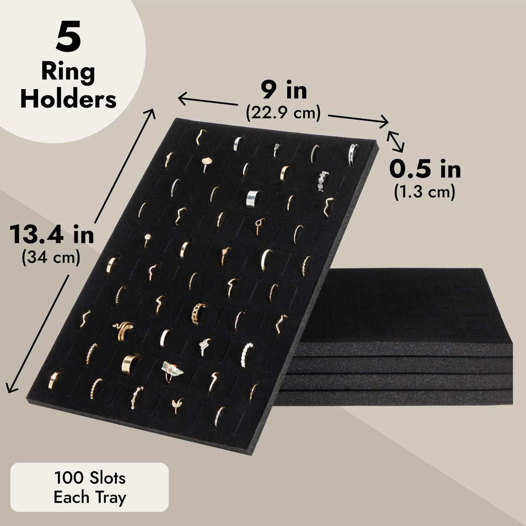 5-Pack 100 Slots Velvet Ring Insert Display Tray - Foam Holder Organizer for Storage Box and Selling Jewelry (13 x 9 In, Black)