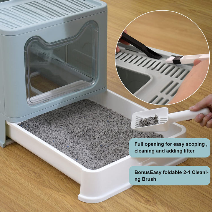 Foldable Cat Litter Box with Lid, Extra Large Covered Cat Litter Box with Litter Mat and Scoop, Easy to Clean Litter Pan, Enclosed Kitty Litter Box(Blue)