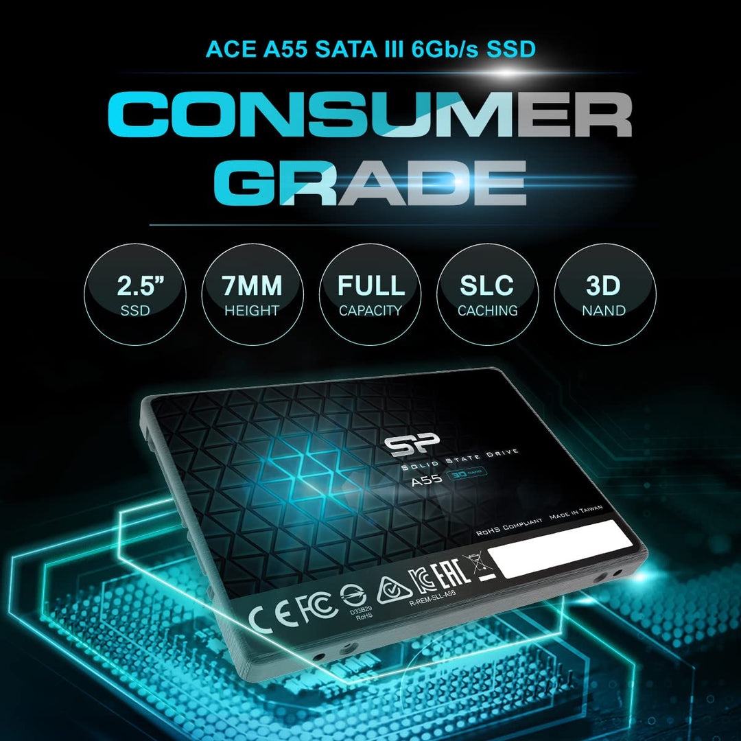 Silicon Power 2TB SSD 3D NAND A55 SLC Cache Performance Boost SATA III 2.5 7mm (0.28) SSD Internal Solid State Drive (SP002TBSS3A55S25)
