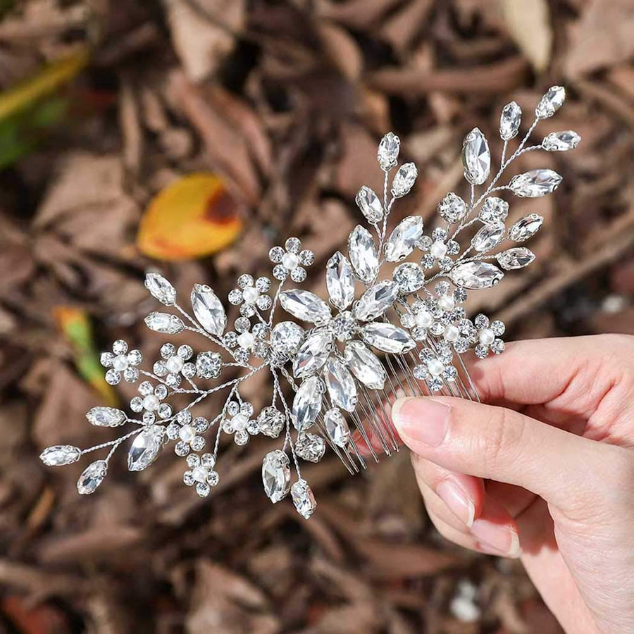 Crystal Bride Wedding Hair Comb Silver Rhinestone Flower Bridal Hair Pieces Pearl Wedding Hair Accessories for Women and Girls… (Silver)