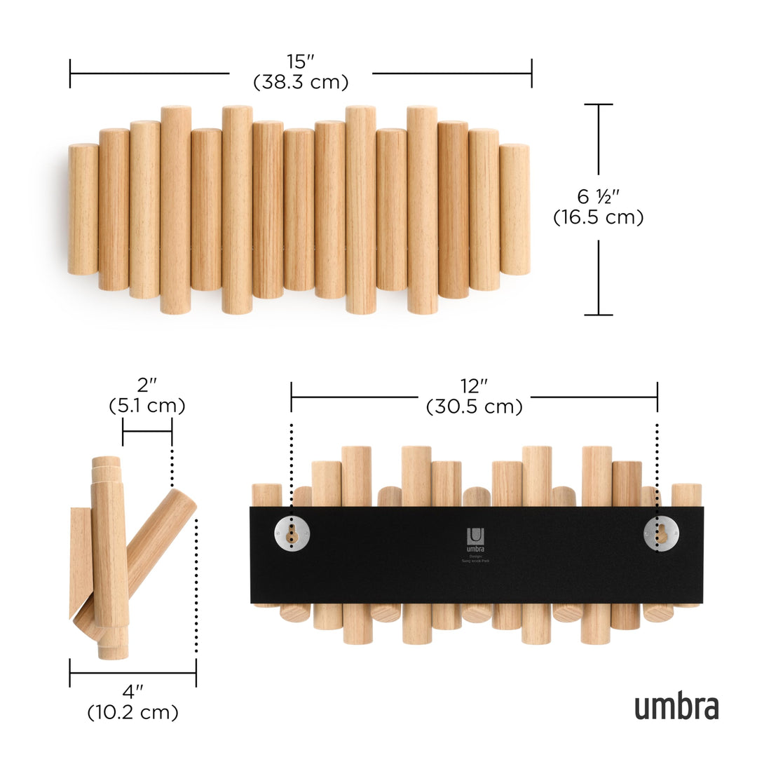 Picket Wall-Mounted Coat Rack Rail Hook with 5 Retractable Wood Pegs – Modern, Space-Saving Storage Organizer, Natural
