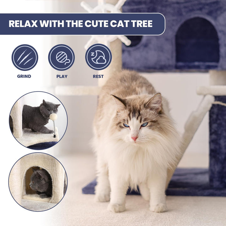 HYABi 53 Inch Ocean Theme Cat Tree Tower, Multi-Level Cat Furniture with Cozy Condo, Scratch Posts, Toy Ball, Luxury Apartment Playhouse for Indoor Cats