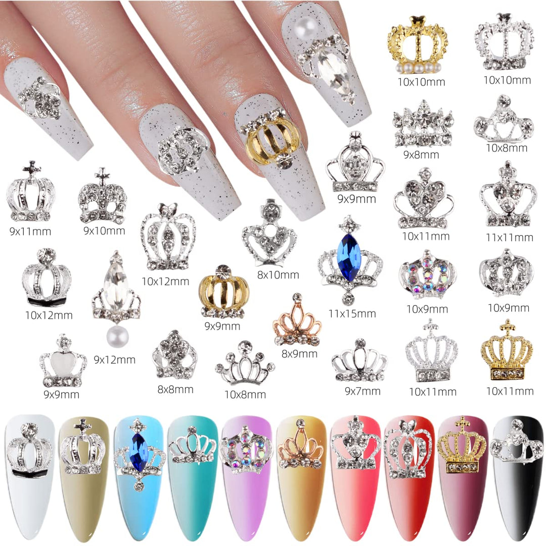 Charms Metal Alloy Silver Gold 3D Nail Art Bow Crown Elk Butterfly Rhinestone Crystal Diamonds Nail Studs Manicure Jewelry for Crafts DIY Nail Art Tip (Crown)