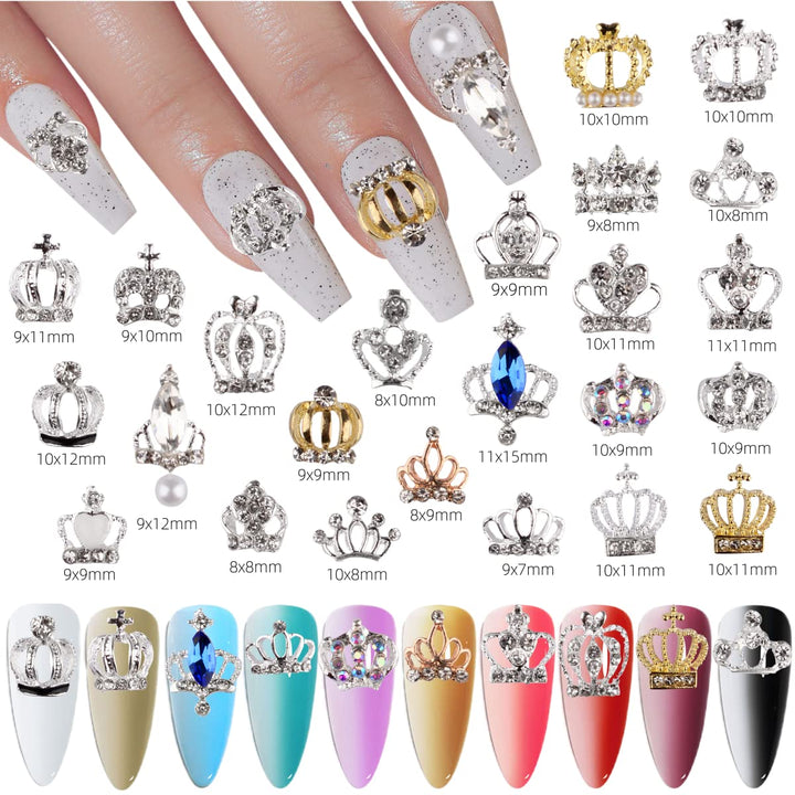 Charms Metal Alloy Silver Gold 3D Nail Art Bow Crown Elk Butterfly Rhinestone Crystal Diamonds Nail Studs Manicure Jewelry for Crafts DIY Nail Art Tip (Crown)