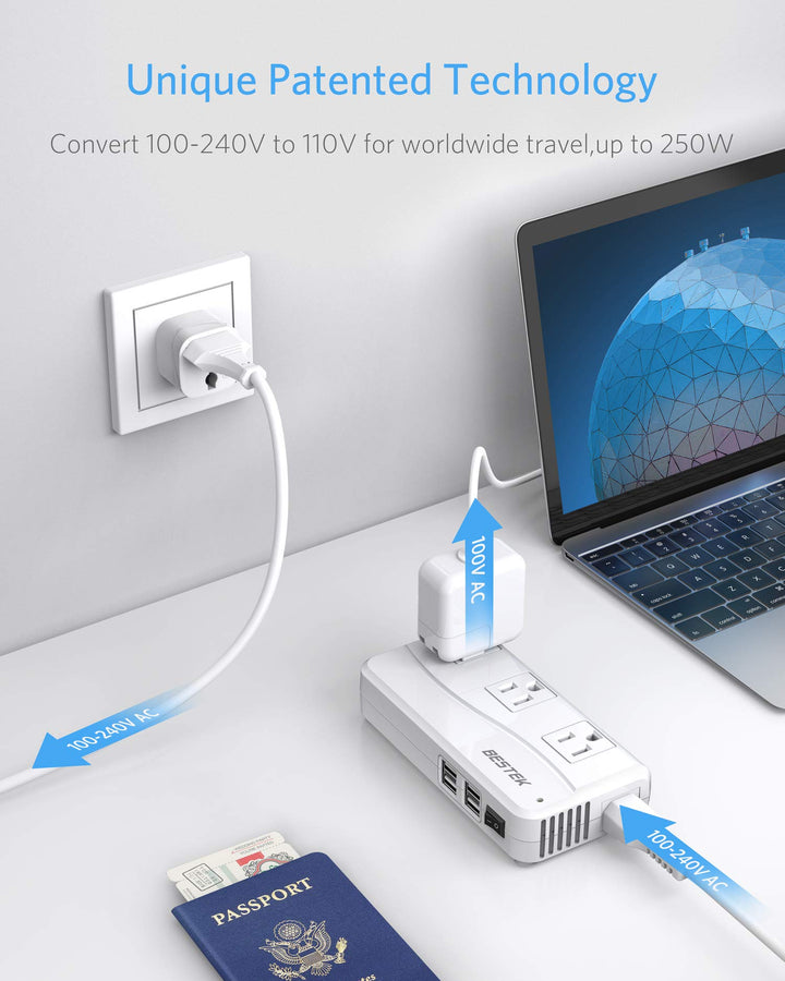 International Power Adapter 250W, 220V to 110V Step Down Travel Voltage Converter with 4-Port USB Including US/AU/EU/UK//India/South Africa Plug Adapter (White)