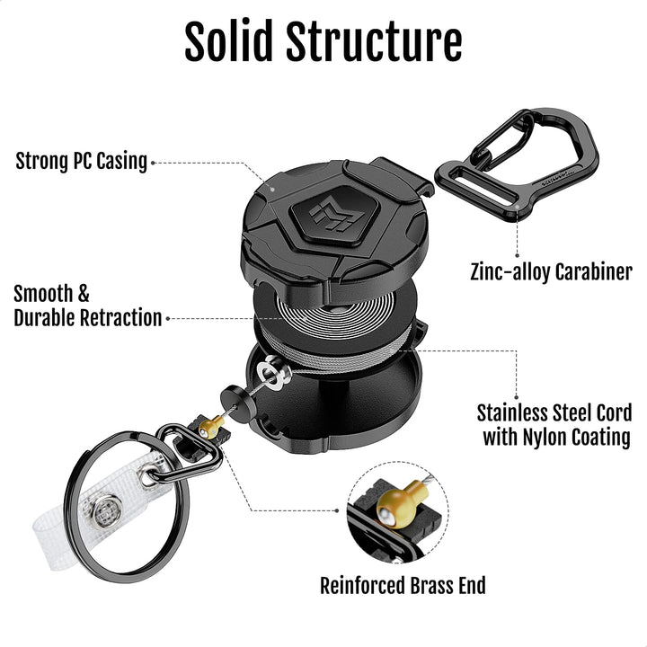 Retractable Keychain, Heavy Duty Carabiner Badge Holder, Tactical ID Badge Reel with 31.5” Steel Retractable Cord, 8.0 oz