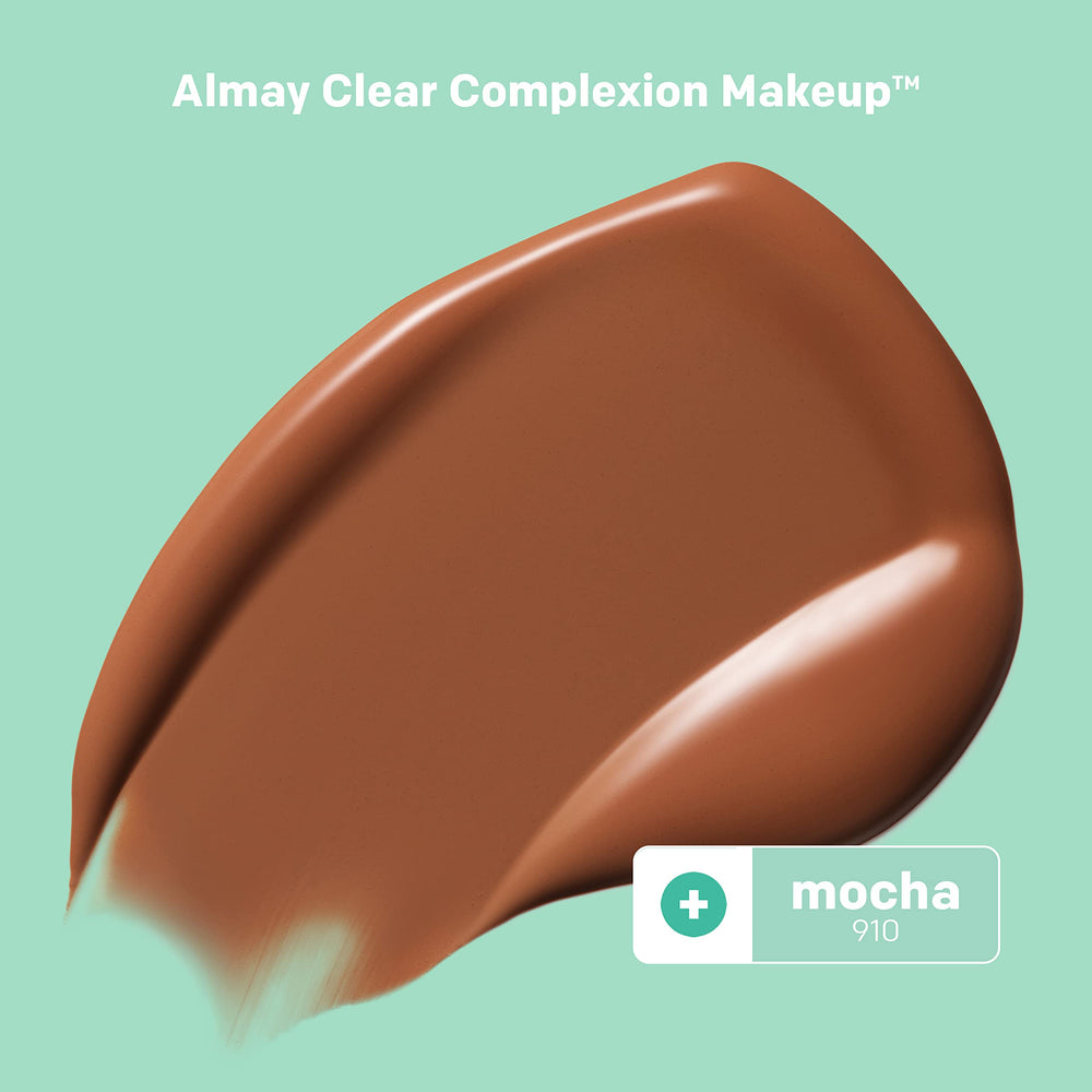 Clear Complexion Acne Foundation Makeup with Salicylic Acid - Lightweight, Medium Coverage, Hypoallergenic, Fragrance Free, for Sensitive Skin , 910 Mocha, 1 fl oz.