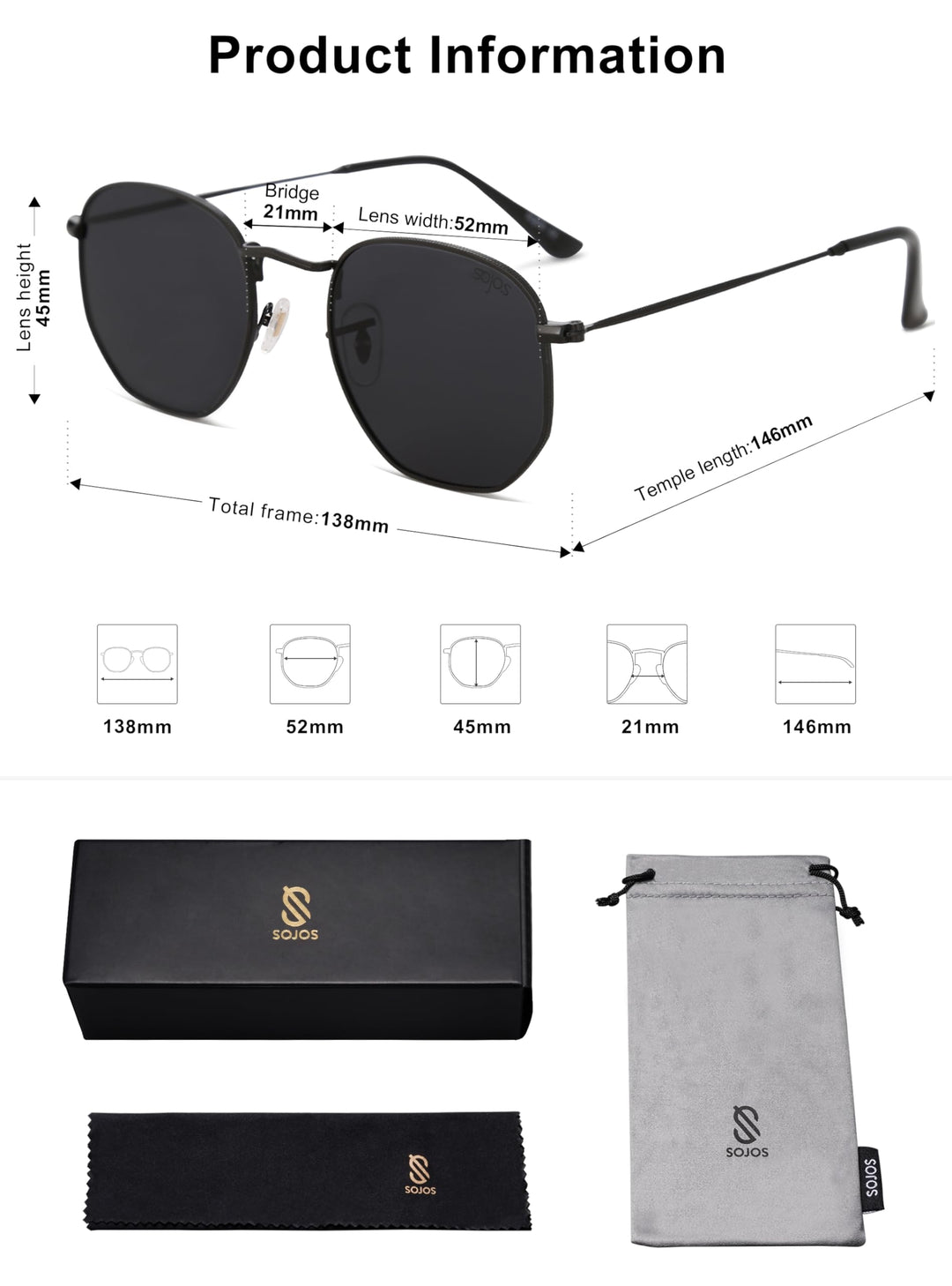 Small Square Polarized Sunglasses for Men and Women Polygon Mirrored Lens SJ1072 with Black Frame/Grey Lens