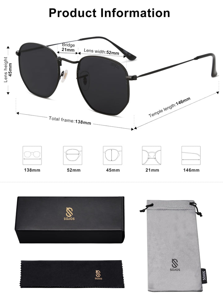 Small Square Polarized Sunglasses for Men and Women Polygon Mirrored Lens SJ1072 with Black Frame/Grey Lens