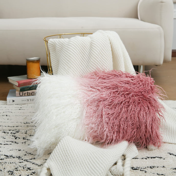 David's Home Faux Fur Lumbar Pillowcase, 1-Packed, Decorative Fluffy Throw Pillow Cover 12 x 20 Inches, Luxury Rectangular Cushion Cover for Bed Couch Sofa Living Room, Ombre Pink