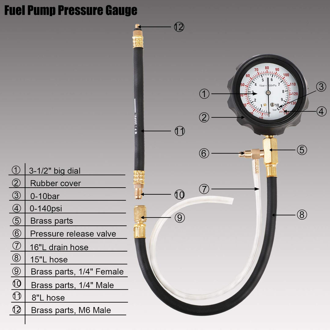 Fuel Pressure Tester Gauge Kit 140PSI Automotive Engine Injector Pump Test Gasoline Gas Injection Manometer Tool Set with Inline Fitting Schrader Adapter for Auto Car Motorcycle (Blue Case)