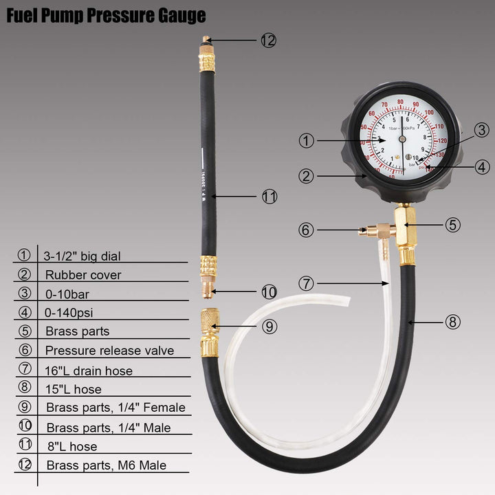 Fuel Pressure Tester Gauge Kit 140PSI Automotive Engine Injector Pump Test Gasoline Gas Injection Manometer Tool Set with Inline Fitting Schrader Adapter for Auto Car Motorcycle (Blue Case)