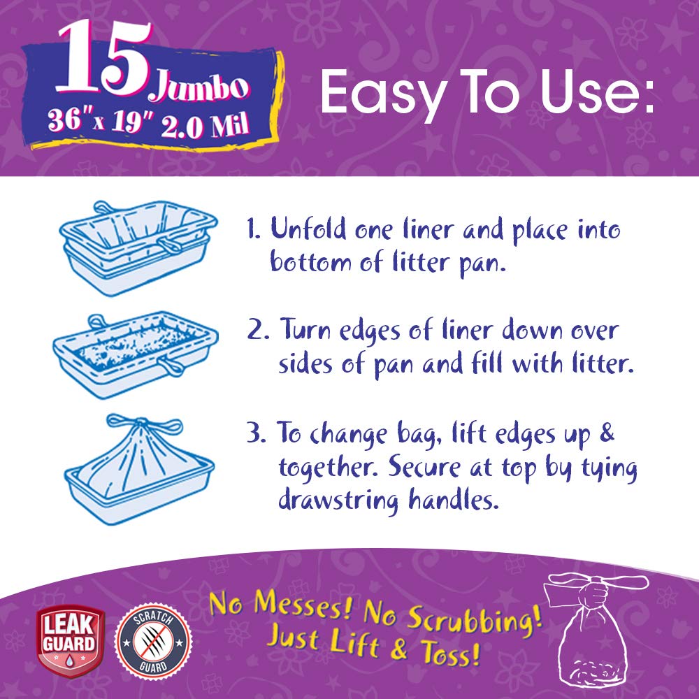 15 Count Litter Box Liners Super Thick, Durable, Easy Clean Up Jumbo Drawstring Scented Litter Pan Box Liners, Bags for Pet Cats