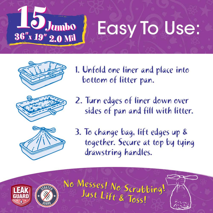 15 Count Litter Box Liners Super Thick, Durable, Easy Clean Up Jumbo Drawstring Scented Litter Pan Box Liners, Bags for Pet Cats