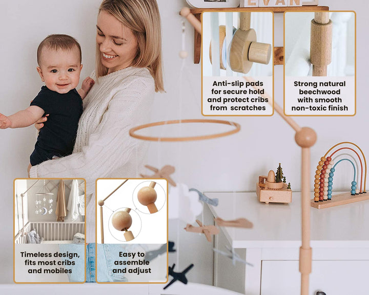 Wooden Baby Crib Mobile Arm - Baby Mobile Holder Arm (31 inch, 100% Natural Beech Wood) - Strong Anti Slip Attachment - Nursery Décor